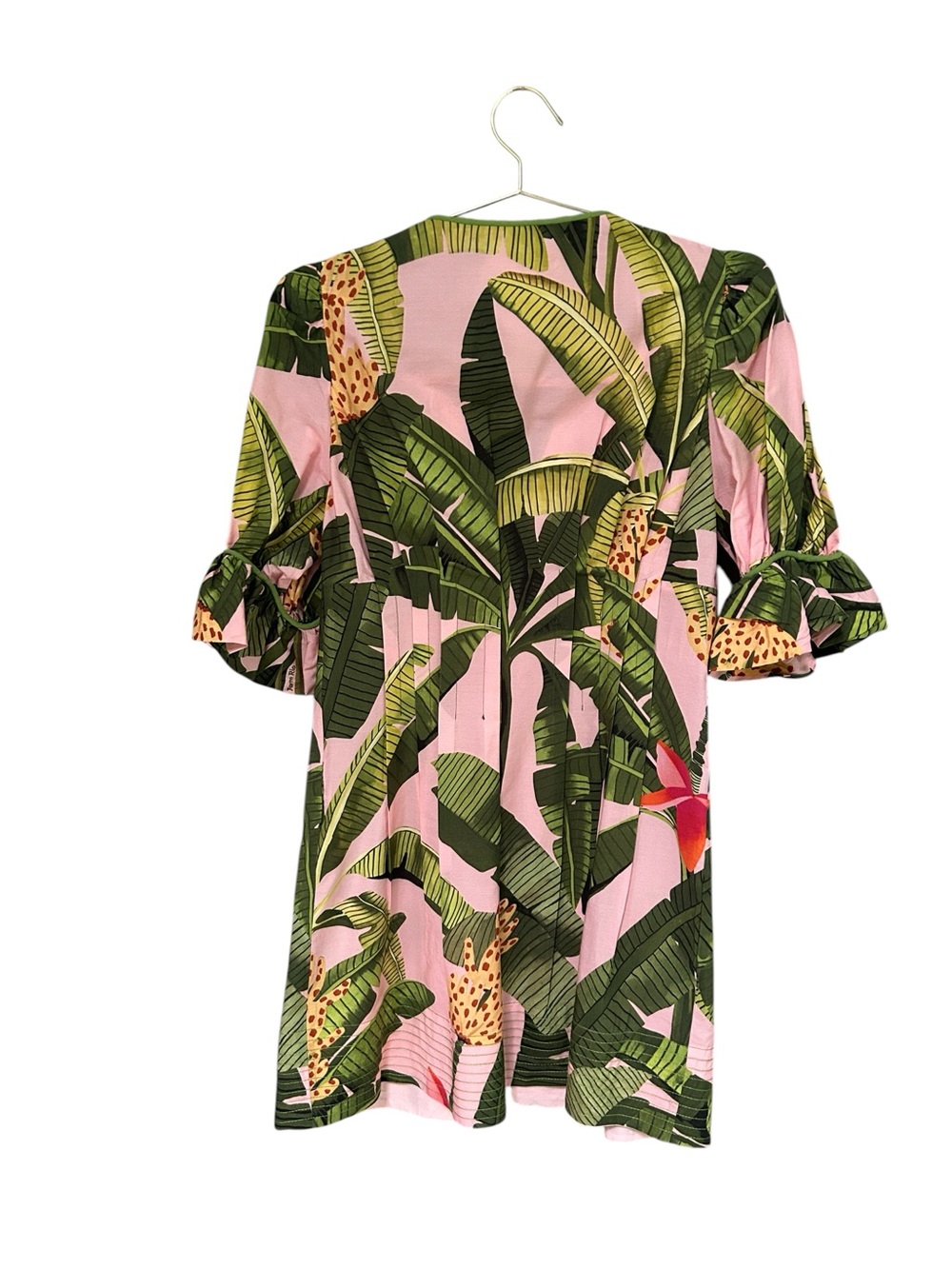 FARM Rio Pink Tropical Banana Leaf Mini Dress Puff Sleeve V-Neck Size Medium - Picture 4 of 10